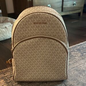 Michael Kors Beige Monogram Backpack with Gold Accents